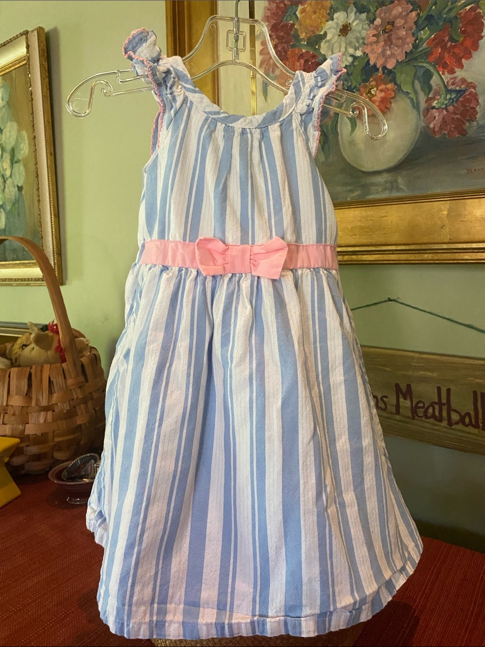 Penelope Mack blue & white striped toddler dress featuring a pink bow - SZ 2T